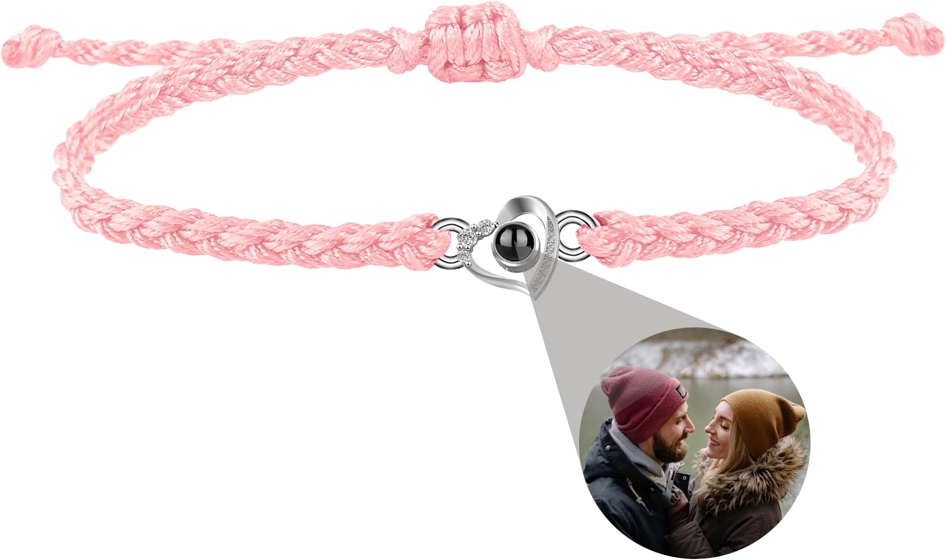BEFOVE Personalised Heart Photo Bracelet Custom Projection Bracelet with Picture Inside Braided Photo Projection Bracelet Christmas Anniversary Birthday Gift for Women