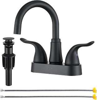 KPW Matte Black Centerset Bathroom Sink Faucet, 2-Handle 4-Inch Spread, Pop-Up Drain, 360 Swivel ABS, Easy DIY Install