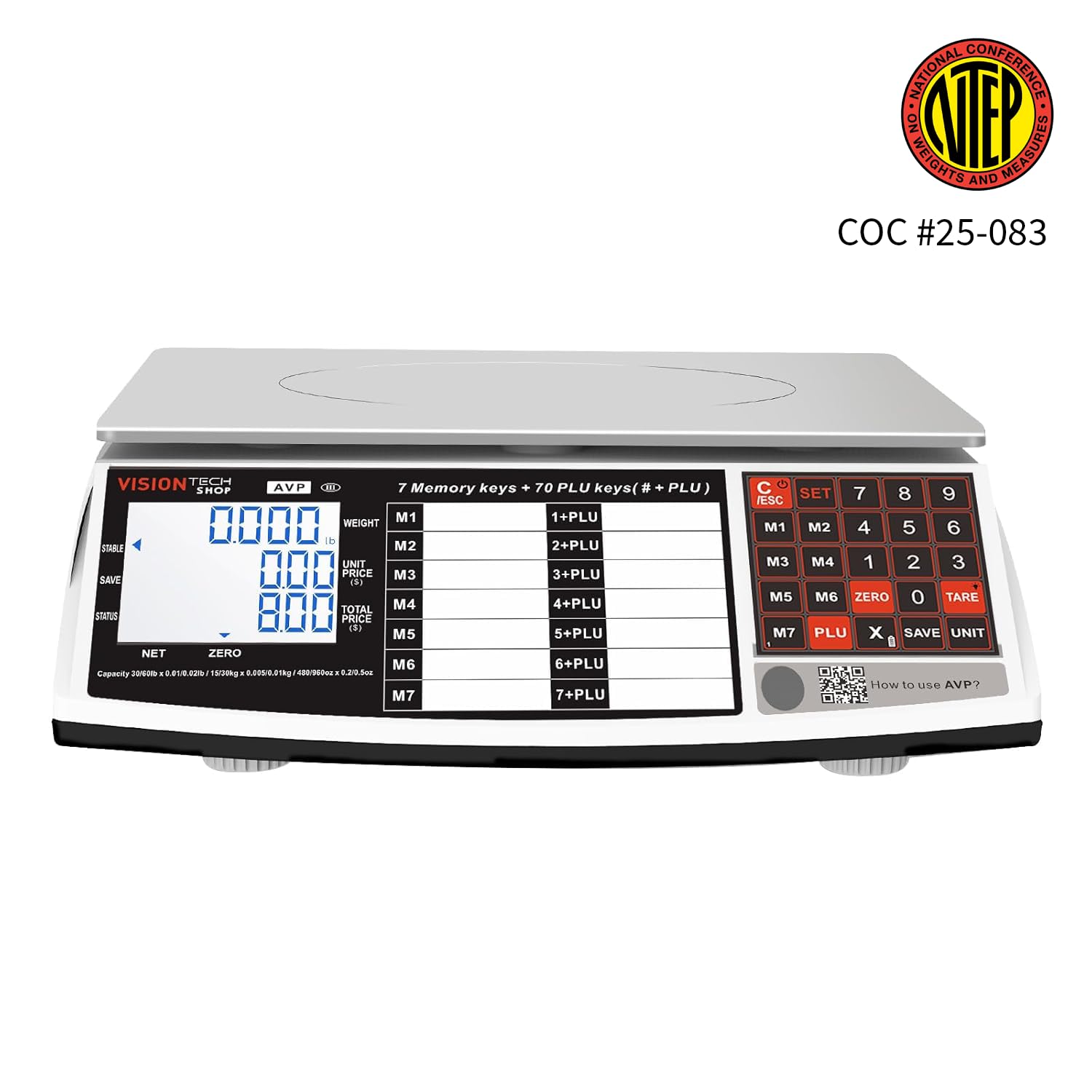 VisionTechShop AVP Price Computing Scale, Lb/Oz/Kg Switchable, 30/60lb x 0.01/0.02lb Readability, NTEP Legal for Trade COC #25-083, Ultra Power Saving Design, LCD Adjustable Backlight