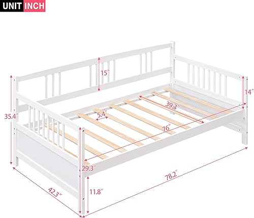 Miniatura 10 de Merax Sofá cama de madera con 2 cajones, soporte de listones de madera, sofá cama con marco de madera de tamaño individual, color blanco