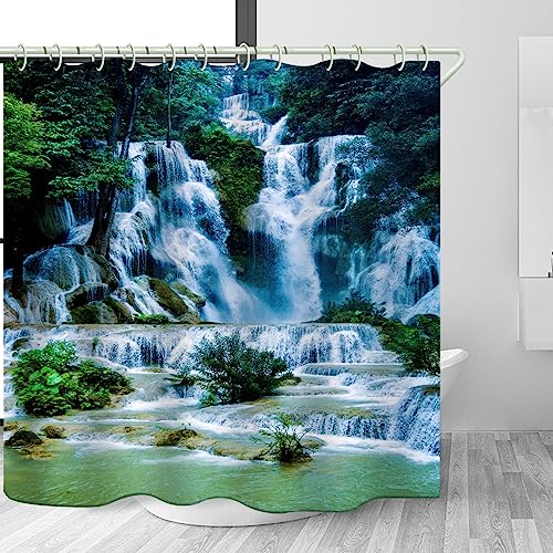 Image of LYFANS Bathroom Uses 3D Shower Curtain with Alpine Waterfall, Luxury Bathtub Waterproof Shower Curtains, Bright Fabric Shower Curtain, Size (72x79 inches)