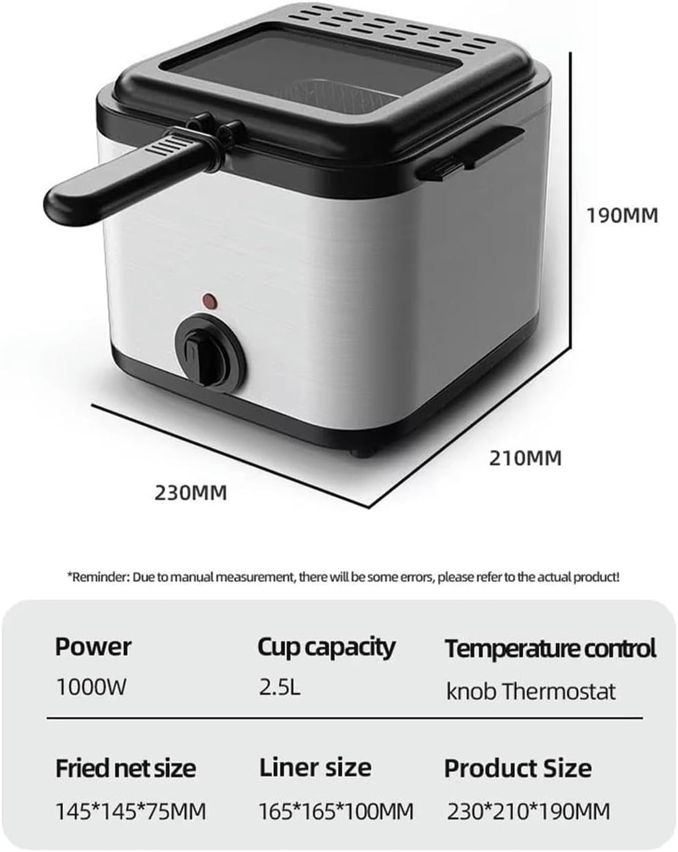 Freidora eléctrica de 1000 W, Olla para freír de 2,5 L con Cesta extraíble, freidora de encimera de Acero Inoxidable con Control de Temperatura, Ventana de visualización y Filtro de olores~/