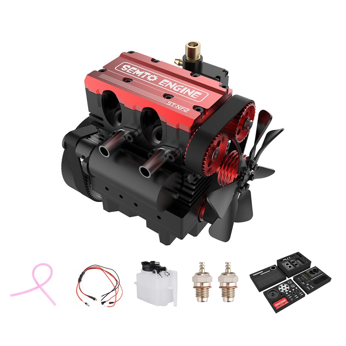 CyplayMach SEMTO Engine ST-NF2 7.0cc Mini Inline Double-Cylinder Four-Stroke Nitro Internal Combustion Engine Model Kit, Electric Start, Air-Cooled, for DIY Hobbyists & Engineering Education (Red)