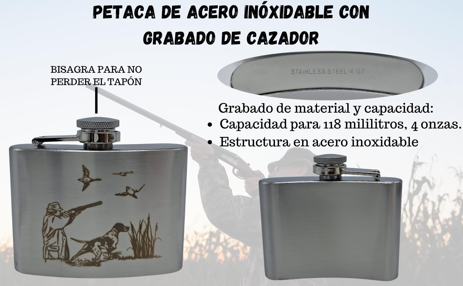 Pack Bota De Vino 1,5 L Taurina + Petaca con Grabado Cazador de 118 ml Jabalí De Acero Inoxidable Y Sacacorchos Con Imán | Regalo Para Caza Y Campo (Cazador)