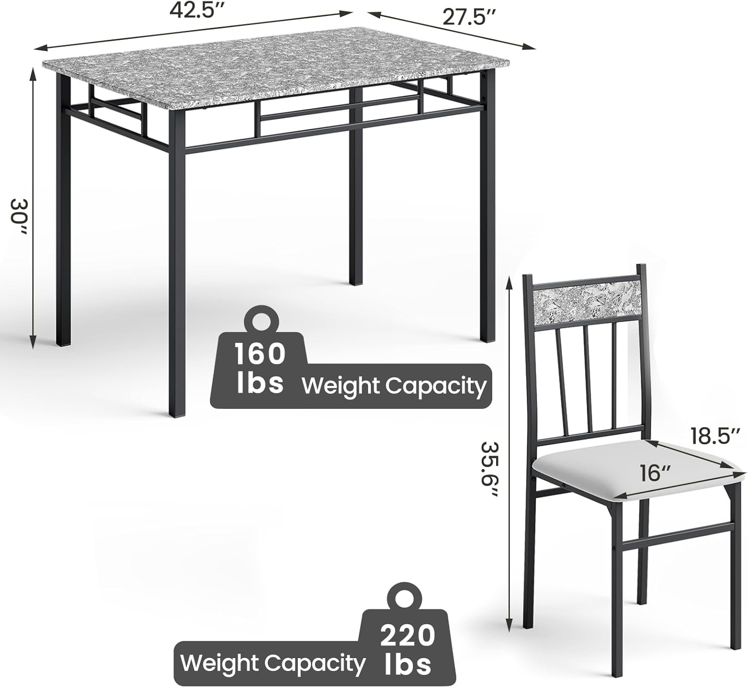 NAFORT 5 Piece Dining Table Set for 4, Faux Marble Kitchen Table and Chairs Set of 4, Vintage Rectangular Dining Room Table with Cushion Padded Seat, Metal and Wood Dining Set Kitchen Furniture, Grey