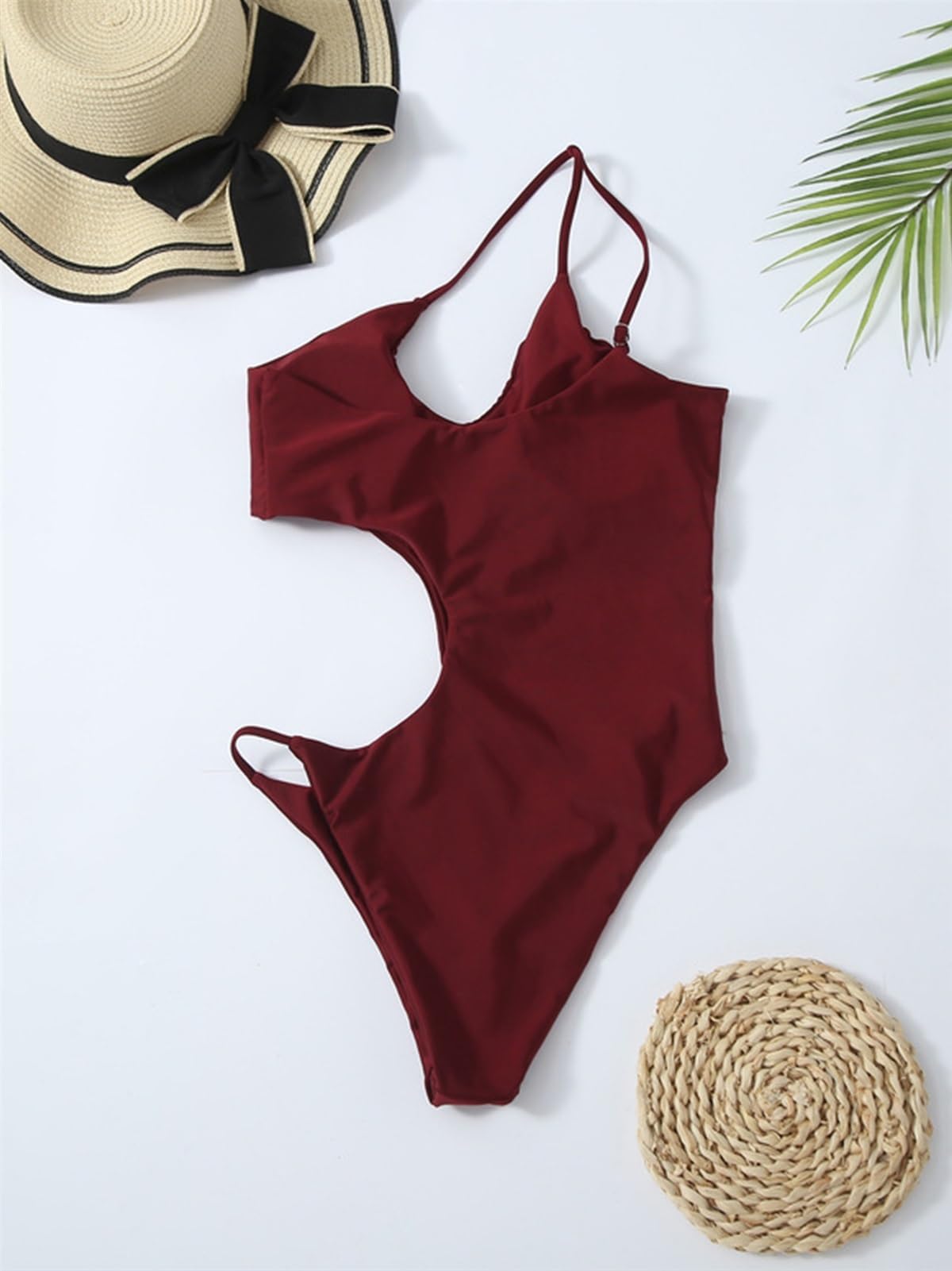 Costume da Bagno Intero Sexy Solido da Donna Costume da Bagno Scava Fuori Costume da Bagno Femminile Monospalla Costume da Bagno Estivo da Spiaggia (Color : Wine Red, Size : M)
