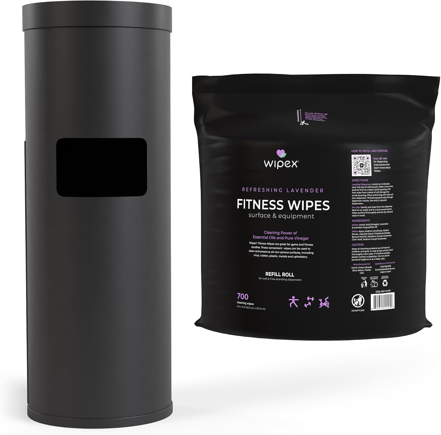 Wipe Dispenser with Wipex Gym Wipes Bundle - Lavender Essential Oil Infused Cleaning Vinegar for Equipment - Large 8"x12" 700ct Refill & Premium Black Stainless Steel Floor Dispenser with Trash Can