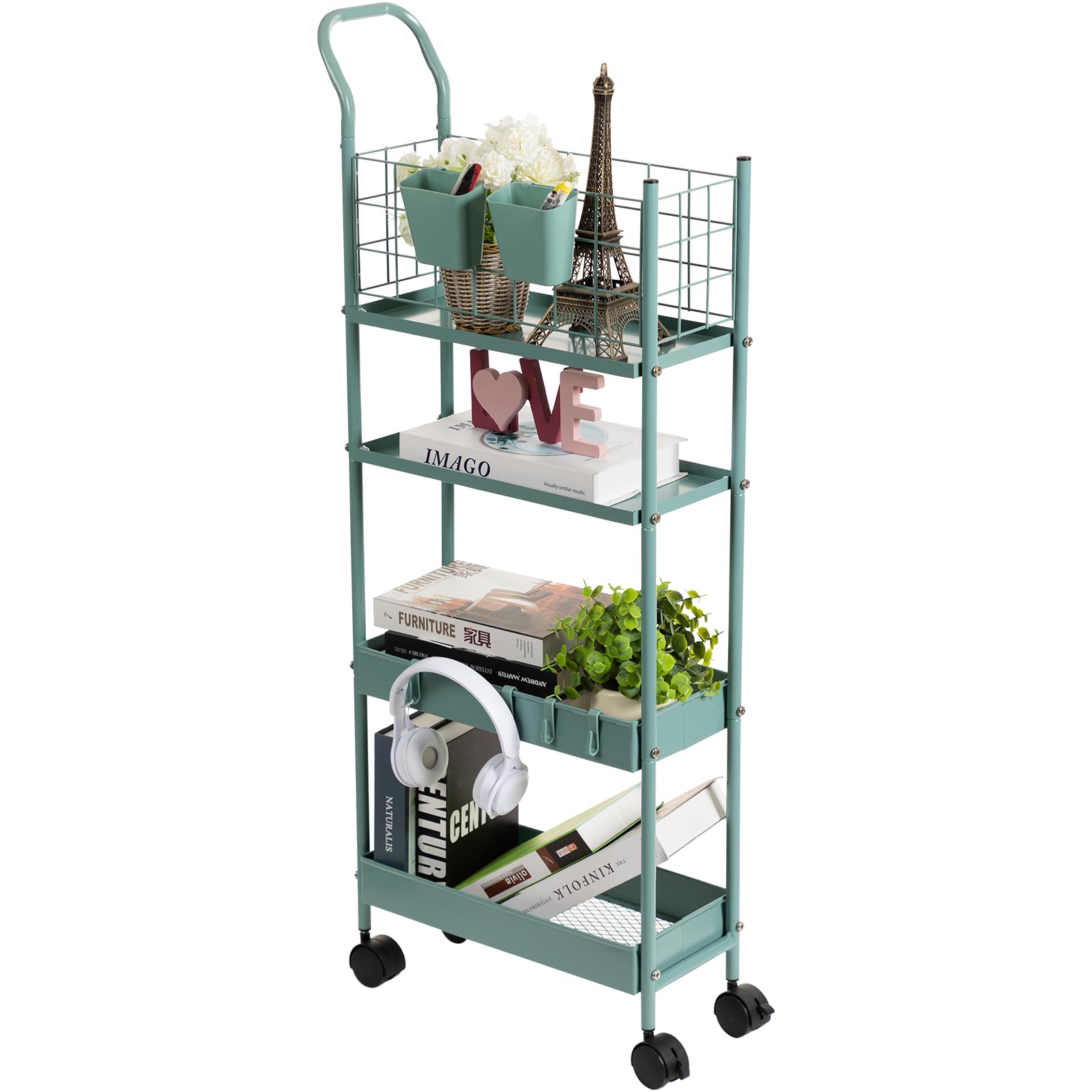 danpinera Carrito rodante con ruedas, carrito de almacenamiento estrecho de 4 niveles, carrito rodante de metal de 7.7 pulgadas con ganchos y tazas colgantes, carrito utilitario con ruedas para baño,