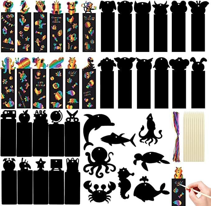 SenbosScratch Art Magic Bookmark, 42 Sets 42 Style Magic Rainbow Bookmarks with Colorful Ropes and Stylus for Kids Children Party, Students Classroom Activities