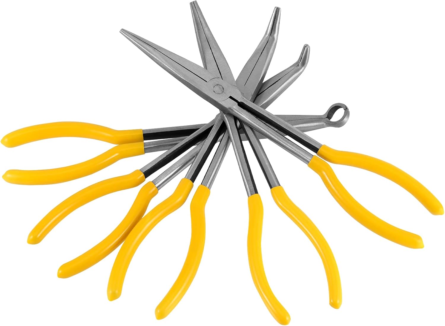 HAKZEON 5 PCS 11 Inch Long Reach Hose Grip Pliers, Long Needle Nose Pliers Set, Straight, 25/ /45/90 Degrees and Round Plier, Offset Spark Plug Boot Removal Plier