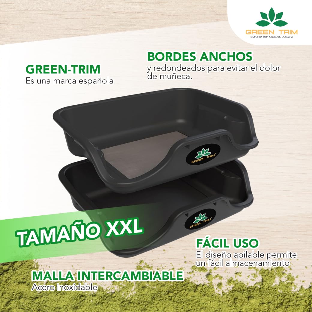 Green Trim-Bandeja de Recorte y recolección XXL, 150 micras de Malla tamiz de Polen, Comodidad para el Trimming Manual con Huecos ergonómicos, Doble Bandeja tamizador. Herramientas Cosecha Incluidas