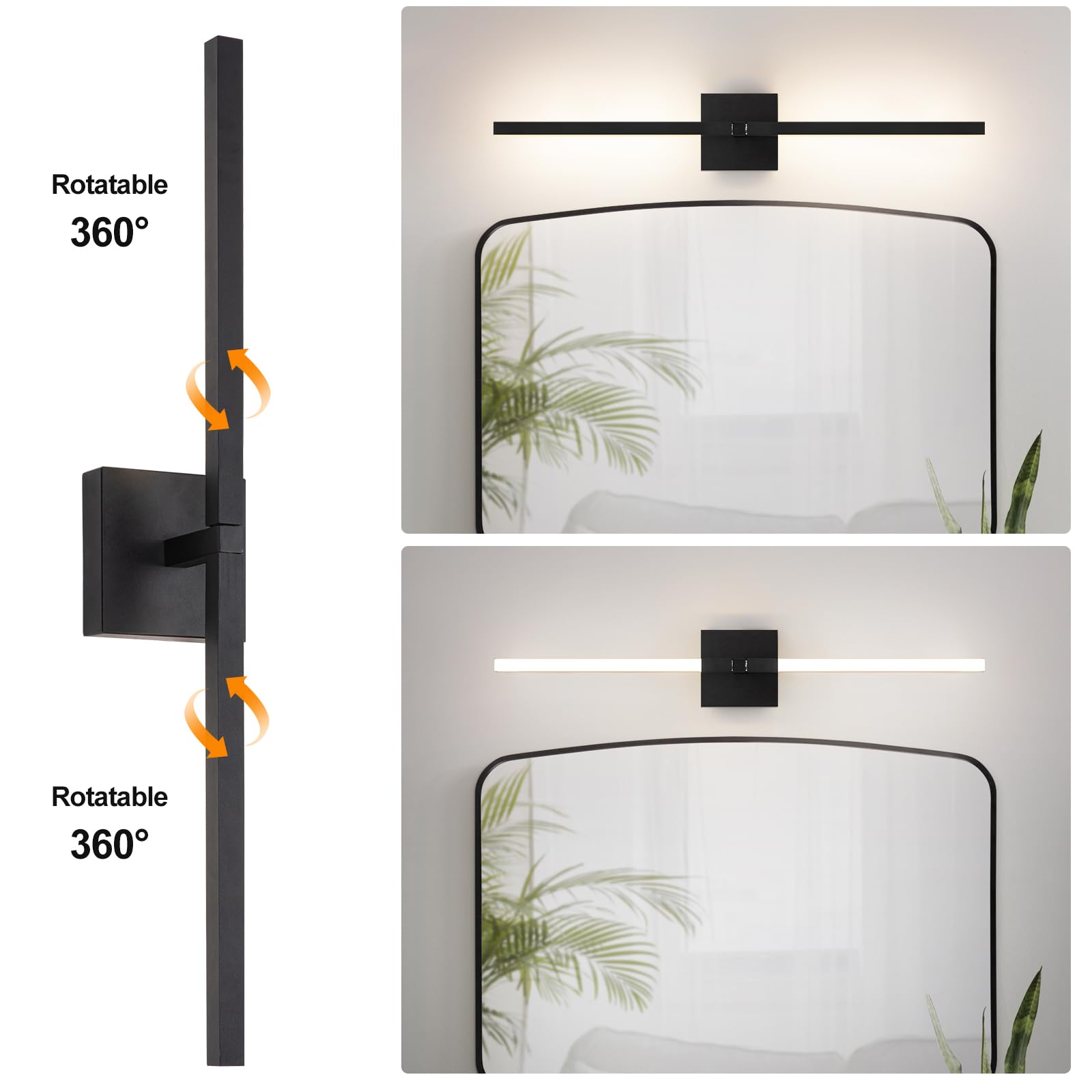 EIDEARAY Black Bathroom Light Fixture 360°,Long Strip LED Wall Lamp 12W Modern Wall Sconce with 4000K LED Vanity Light for Bedroom Living Room,Bathrooms Sconce Over Mirror IP44 - Image 2