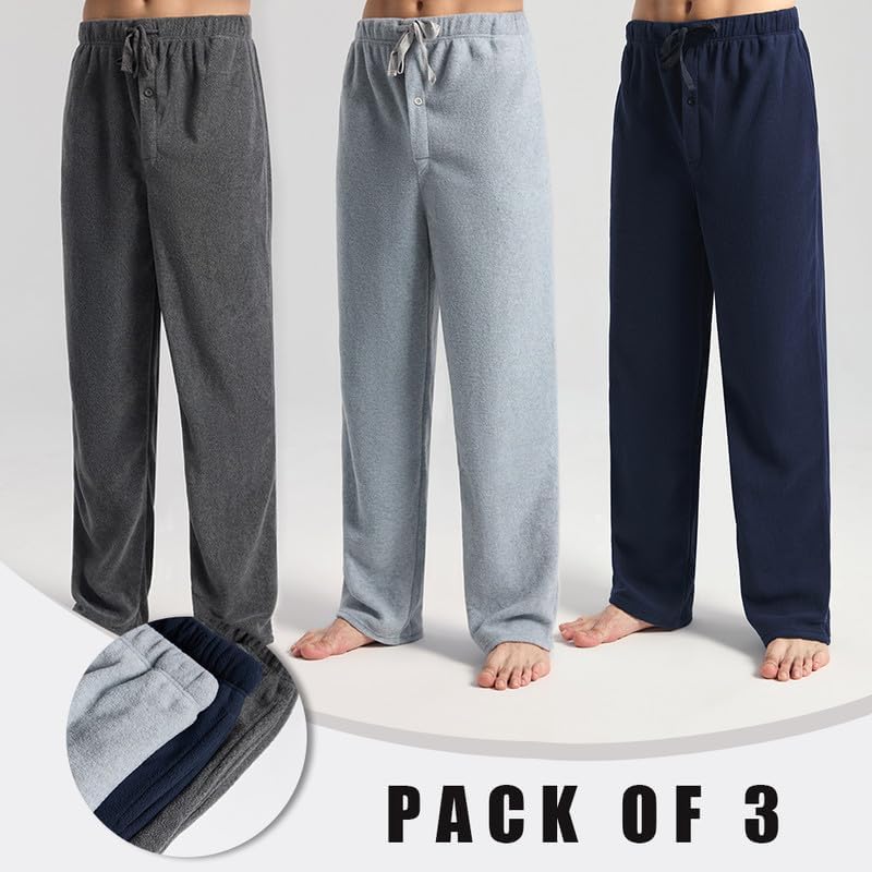 3 Pack Men's Fleece Pajama Pants Bottoms– Lounge Sleepwear Plaid PJs with Pockets and Button Fly - Image 7