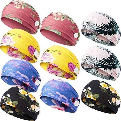 10 Pieces Button Headband, Floral Print Headband Non-slip Yoga Sports Headband Stretchy Headwrap Ear Protection Holder for Women Girls