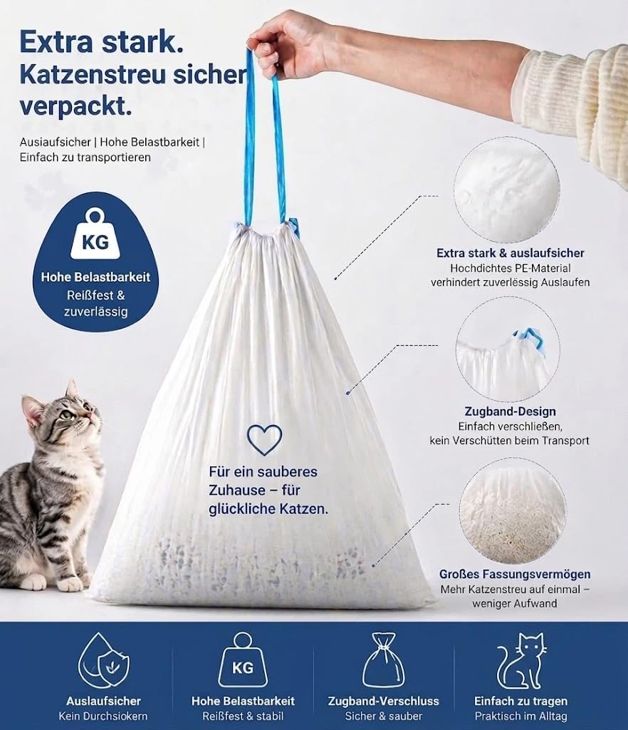 RMAN Bolsas Arenero Gatos 60 x 50 cm, 80 Piezas | Con Cordones, Autolimpiable, Resistentes a Desgarros, Duraderas, A Prueba de Fugas, 4 Rollos