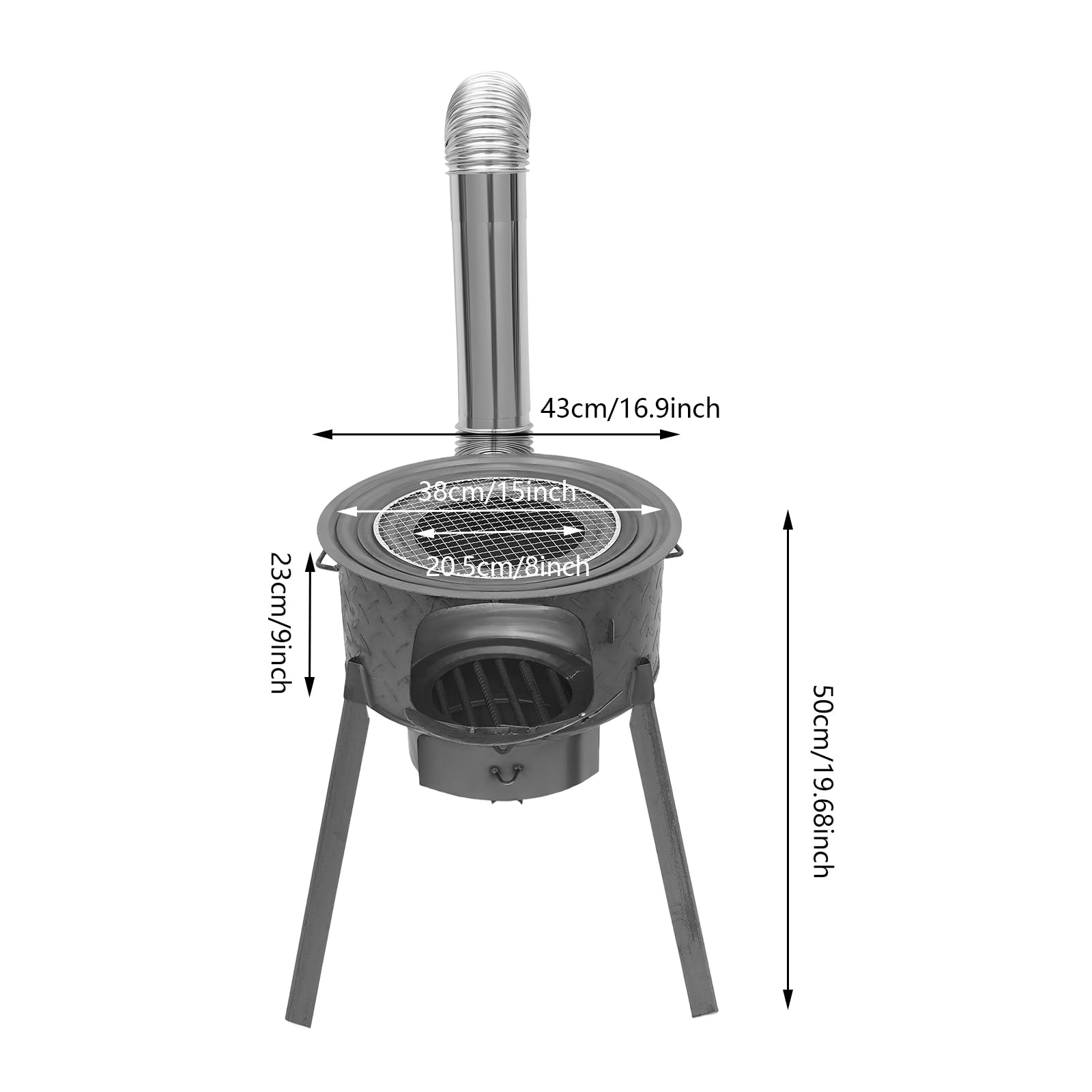 Estufa de leña portátil con 3/4 anillos de cocción y caja de cenizas. Patas desmontables. Estufa de chapa de acero resistente con ventilación y chimenea. Estufa de leña para camping, picnic y cocina
