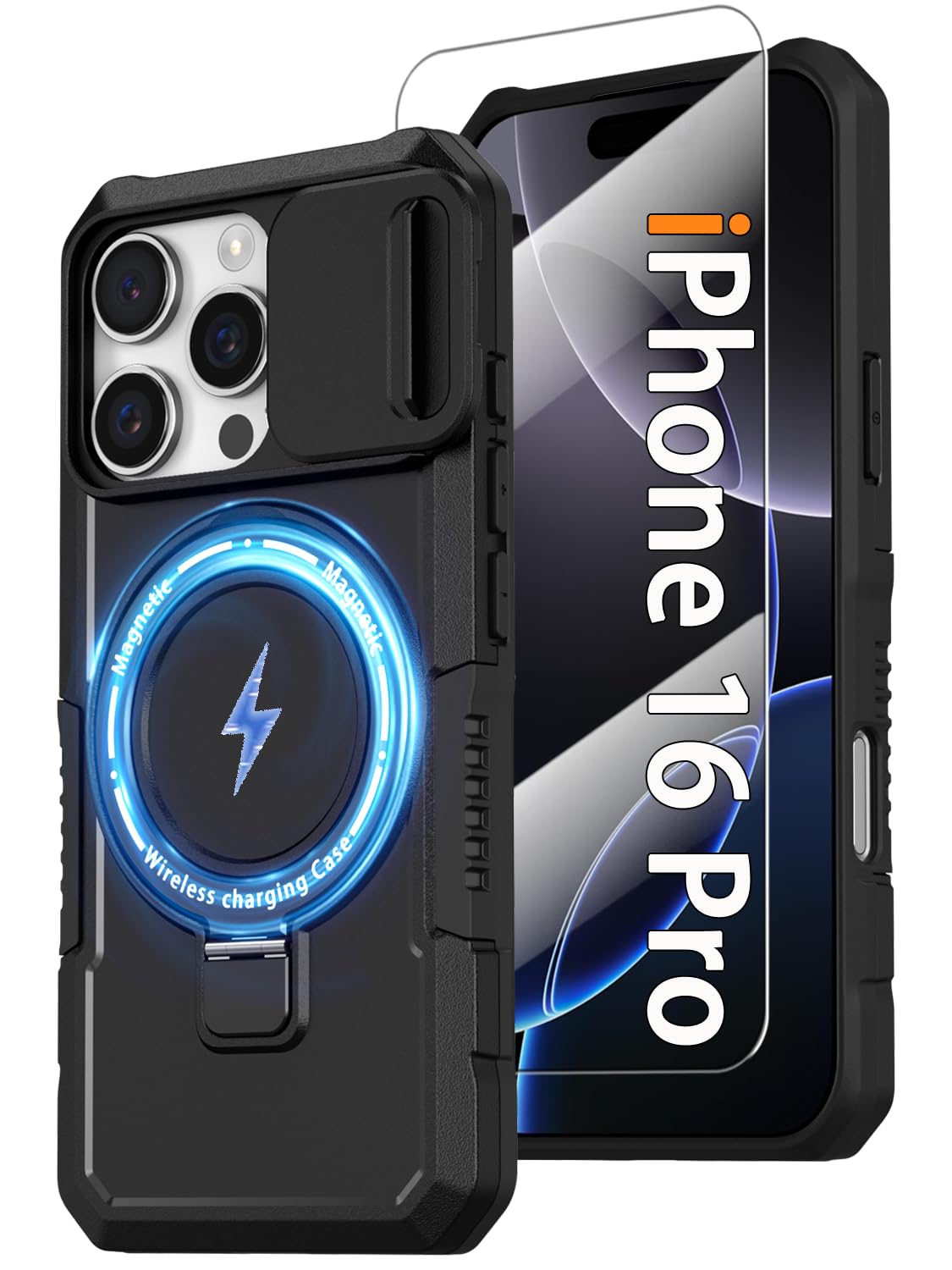 Magnetic Case for iPhone 16 Pro with Ring Stand [Glass Screen Protector] [Compatible with MagSafe] Military Grade Case with Camera Cover, Heavy Duty