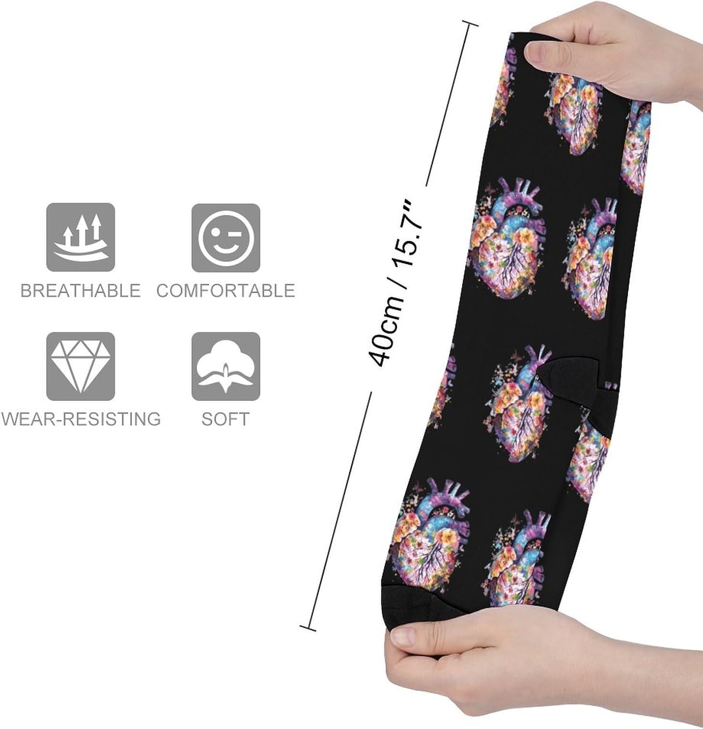 Anatomical Heart And Floral Knee High Socks Athletic Long Stockings Sport Casual Crew Tube Sock Boot 40cm