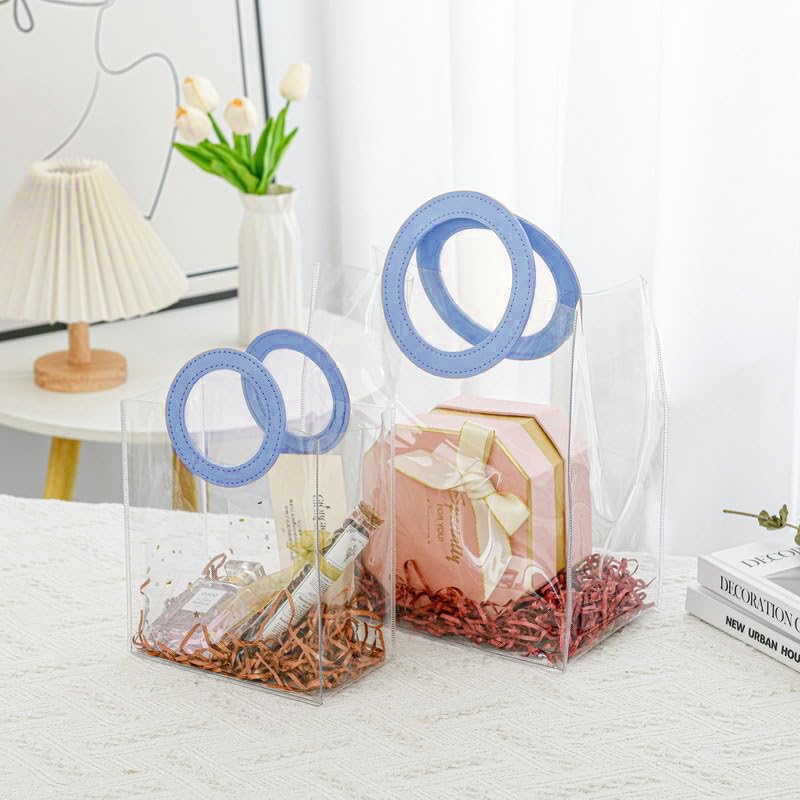 Image of SATYAM KRAFT 6 Pcs Transparent Round Leather Handle Goodie Bags |Gift Bag for Her&Him Wedding Return Gifts Christmas Valentine's Day Birthday Event Festivals Shopping Carry-Packing Bag Blue(27.5x24.5)