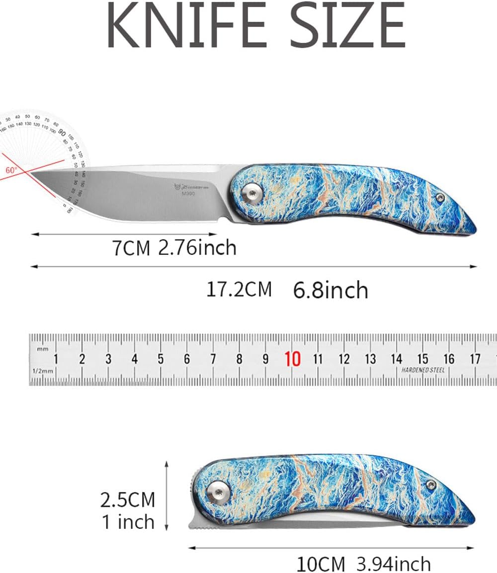 PioneerEDC MT0394 Folding Pocket Knife, 2.76 Inch M390 Drop Point Blade, TC4 Titanium Handle, Non-Locking EDC, 2.4 Oz (Blue Anodized Titanium)