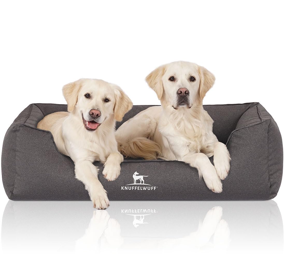 Knuffelwuff Orthopädisches Wasserabweisendes Hundebett Leon aus Velours mit Handwebcharakter XL 105 x 75cm Anthrazit - abnehmbarer Bezug - waschbar - für große, mittelgroße und kleine Hunde