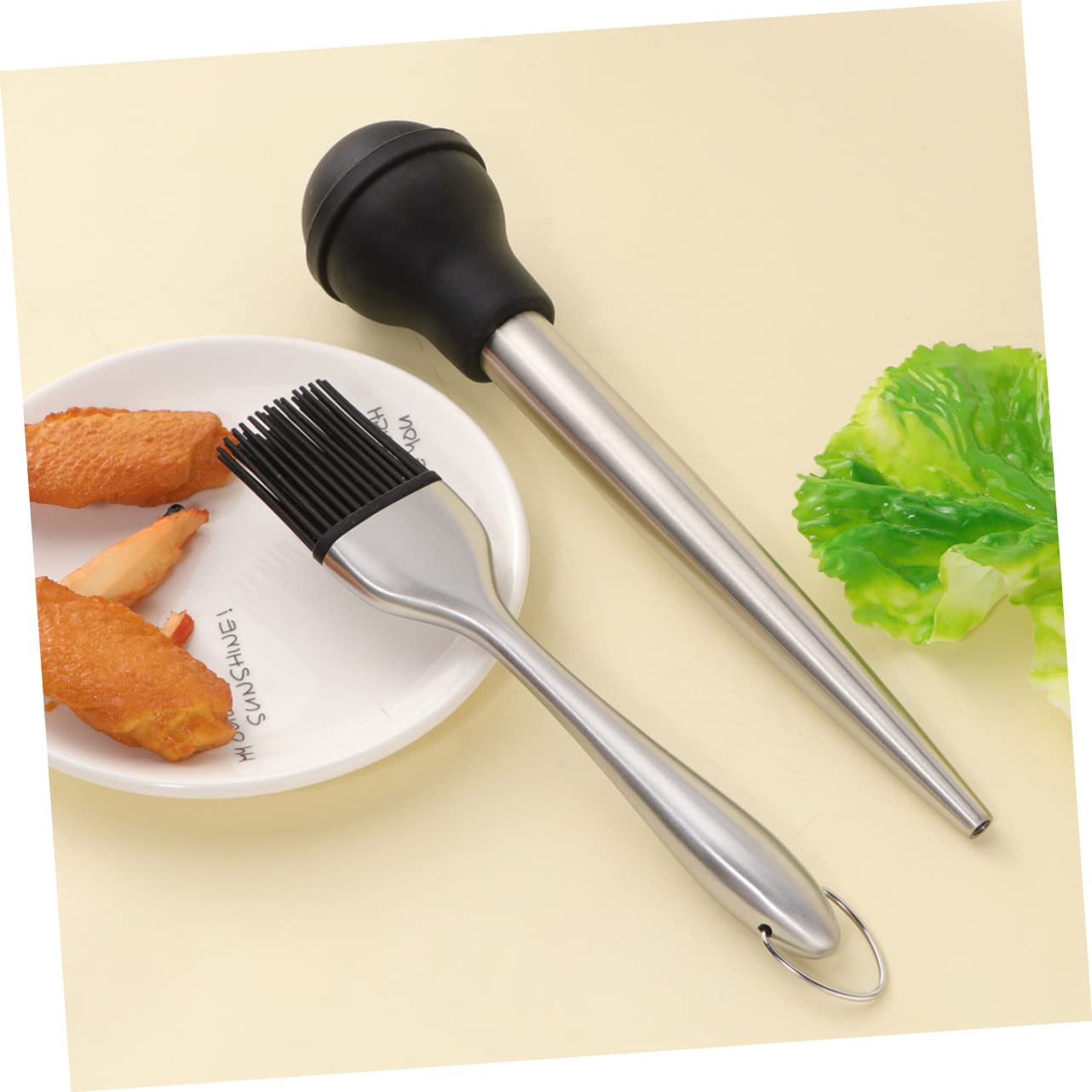 Cabilock 4Pcs Stainless Steel Turkey Baster Set Silicone Seasoning Pump with Drip Oil Tube and Cleaning Brush for Flavoring Turkey Meat and Fish Black