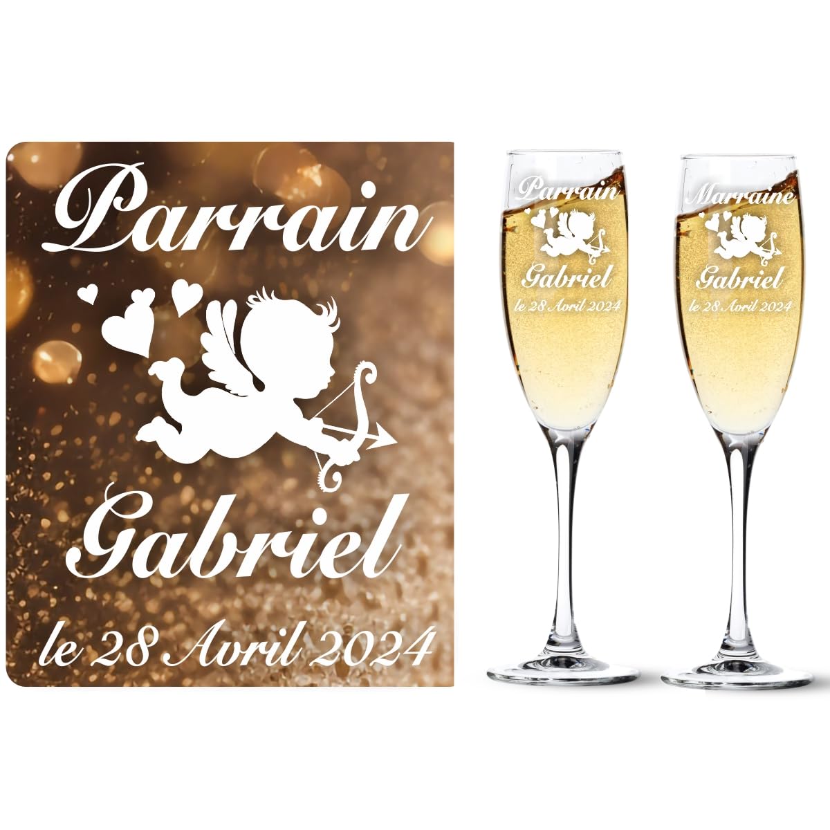 Lot 2 Flûtes à Champagne Gravées Parrain Marraine - Cadeau Baptême Personnalisé Avec Boîtes