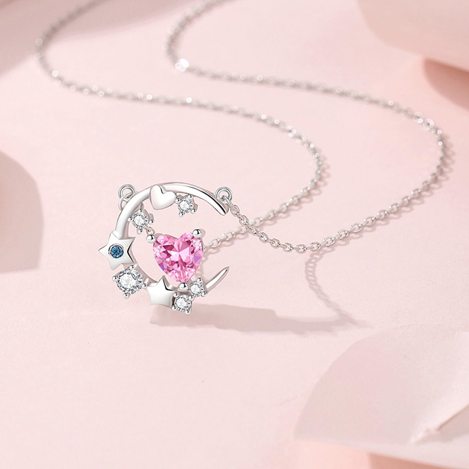 Collar de oro de 9/14/18 quilates para mujer, collar con colgante de estrella de luna con forma de corazón creado zafiro moissanita topacio oro real
