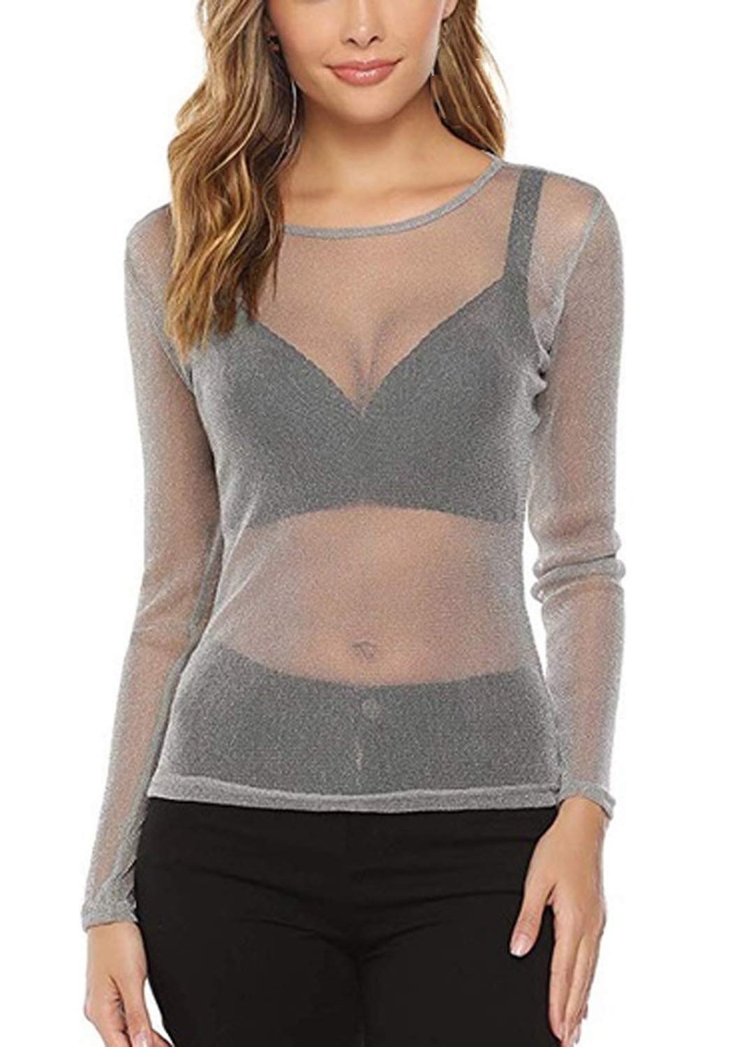Ceryiwer Women's Silver Sexy See Through Shirts Long Sleeve Glitter Mesh Sheer Metallic Shiny Tops Blouse - Medium