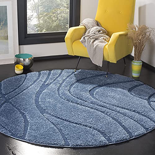 Image of Geometric Wave Round Shaggy Carpet for Living Room, Bedroom, High Low Design Finish Microfiber 1.8 Inch Pile High, 6x6 Feet Royal Blue|Blue Color