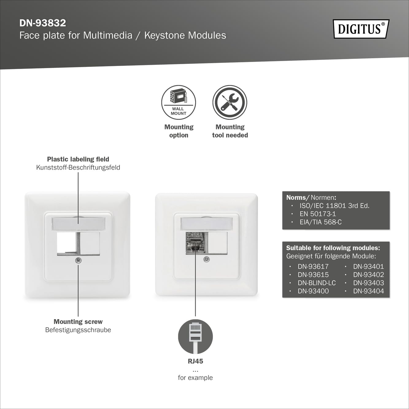 DIGITUS 10x Anschlussdose 2 Port – Auslass Gerade – Für Multimedia Keystone-Module + 20x Keystone-Kupplung HDMI 2.0 – Weiß