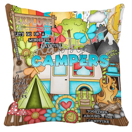 Leaveland Kissenbezug mit Aufschrift 'Happy Camper', 45,7 x 45,7 cm, dekorativ, weich, für Mädchen, Jungen, Kinderbett, Geschenk, Klassenzimmer, Dekorativer Kissenbezug