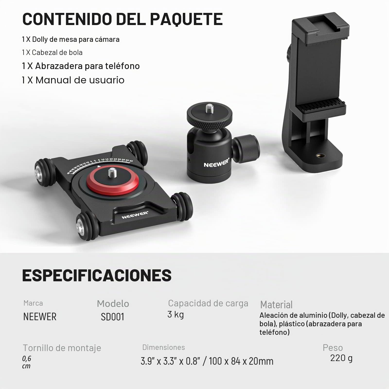 NEEWER Dolly Dolly - Cámara deslizante con cabezal esférico y pinza para teléfono, mesa de 4 ruedas con panorámica de 360°, compatible con cámaras sin espejo Mini videocámaras GoPro iPhone y teléfonos
