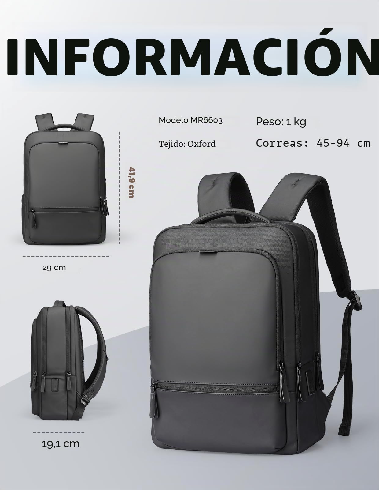 MARK RYDEN Mochila de negocios para hombre, de poliuretano, impermeable, 15,6 pulgadas, PC, con puerto de carga USB, multifunción, color negro