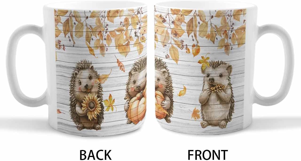 BEMIGO Ceramic Coffee Mug Fall Hedgehog Leaf Ceramic Mug White Cup, Rustic Wood Grain Insulated Coffee Cup with Handle with Pattern Perfect for Tea and Hot Beverages, 12oz