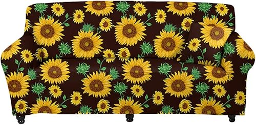 Forros Para Muebles Sofás, Super Stretch Funda de sofá con estampado de girasol amarillo marrón Antideslizante de microfibra para sillón, Loveseat
