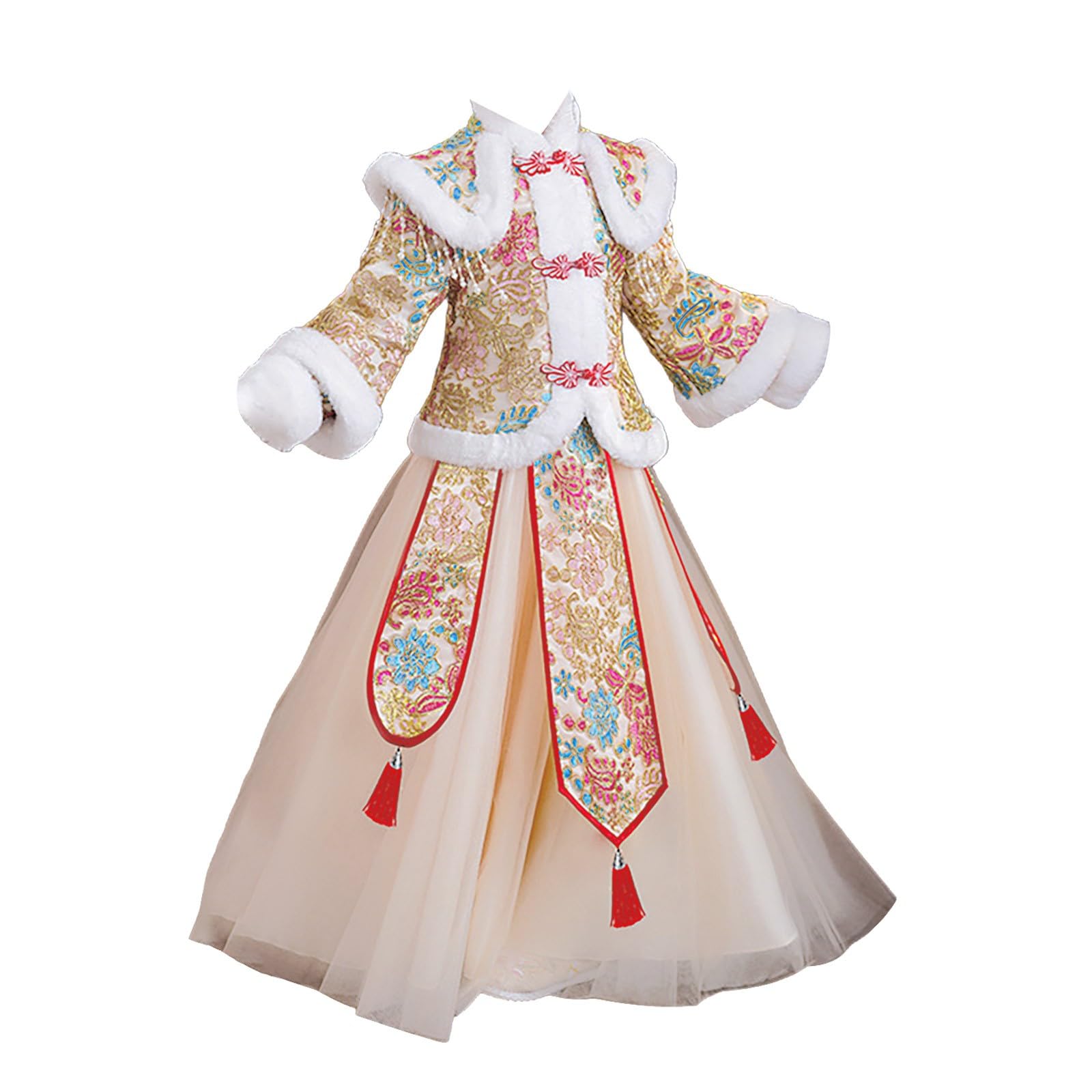 Vestido de Año Nuevo chino para niñas, vestido tradicional bordado, chaqueta de forro polar floral de punto con borlas, bonita falda de tul, elegante y estética, trajes chinos de moda