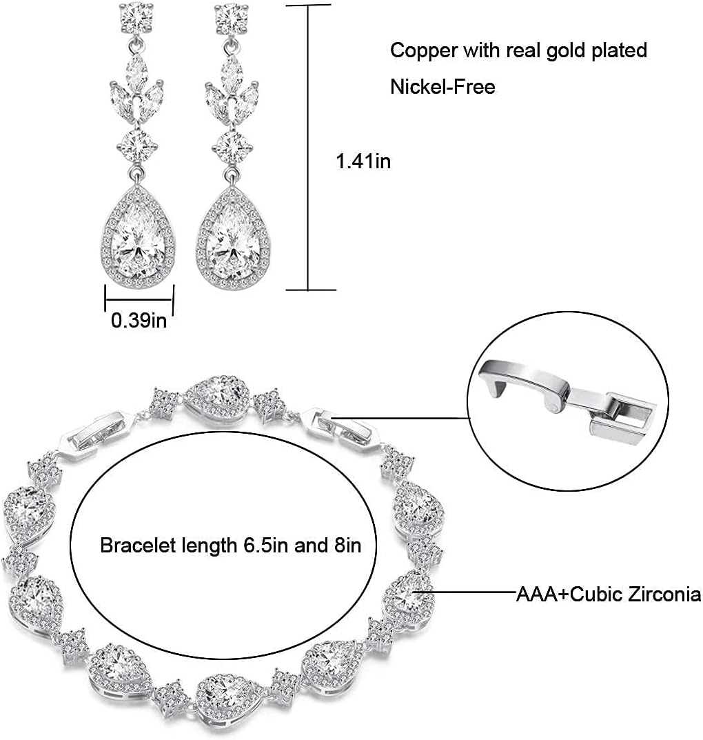 Elegant Teardrop Earrings & Bracelet Set, Gold Plated Bridal Jewelry for Wedding Bride Bridesmaid, Prom Party Dangle Matching Jewelry Gift