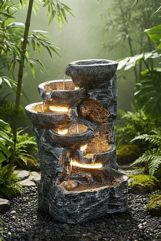 Image of 2.3 Feet Rock Style Water Fountain with LED Lights | Indoor Outdoor Decorative Waterfall Showpiece for Home, Garden & Office Decor (Black)