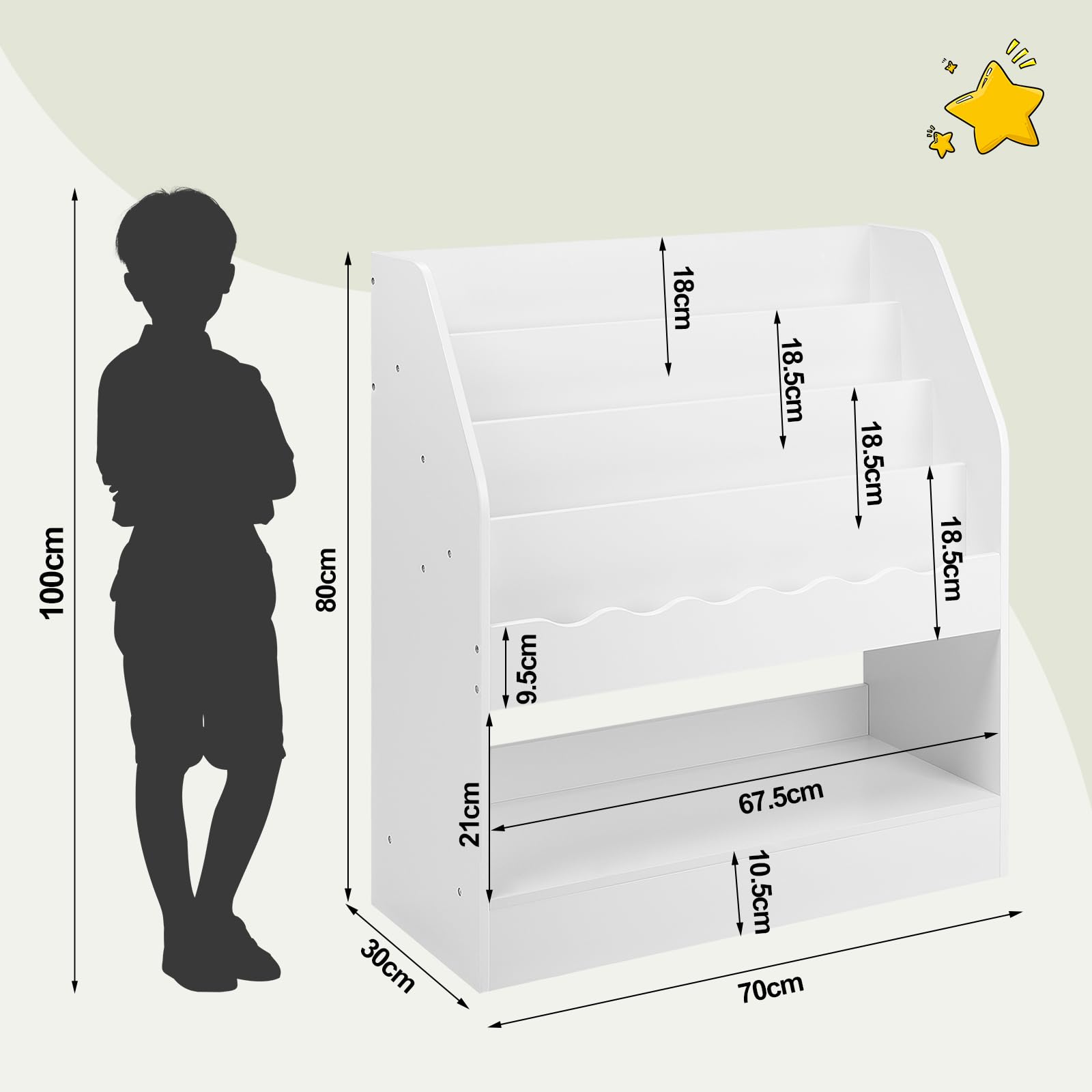 WOLTU Bibliothèque Enfant, Rangement Jouet Enfant, à 5 Niveaux, en MDF, Blanc, 70x30x80cm