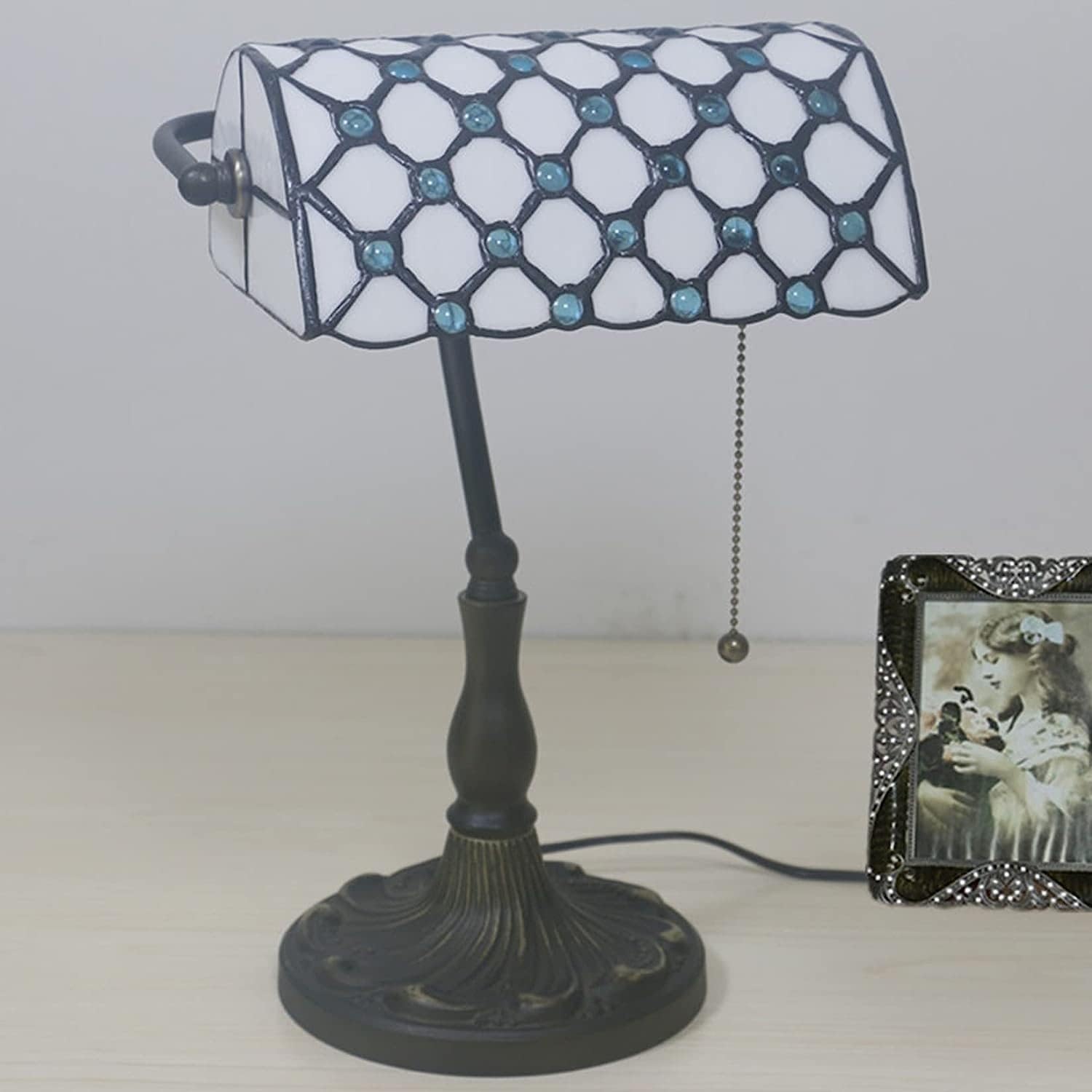 Bankiers Tischlampe, farbige Glaslampe, Kristallperlenschreibtischlampe, Schlafzimmer in der Nacht Leselampe (weiße Glassperlen aus weißem Meer) Innovate