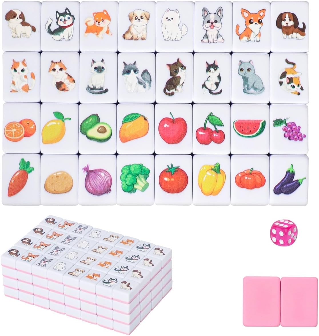 GRACIAS 4 Players Mahjong Block Set, 128 Pink Tiles(1.18”) with Animal and Food Pattern, Portable Mahjong Set with A Carry Bag, Mahjong Tile Game