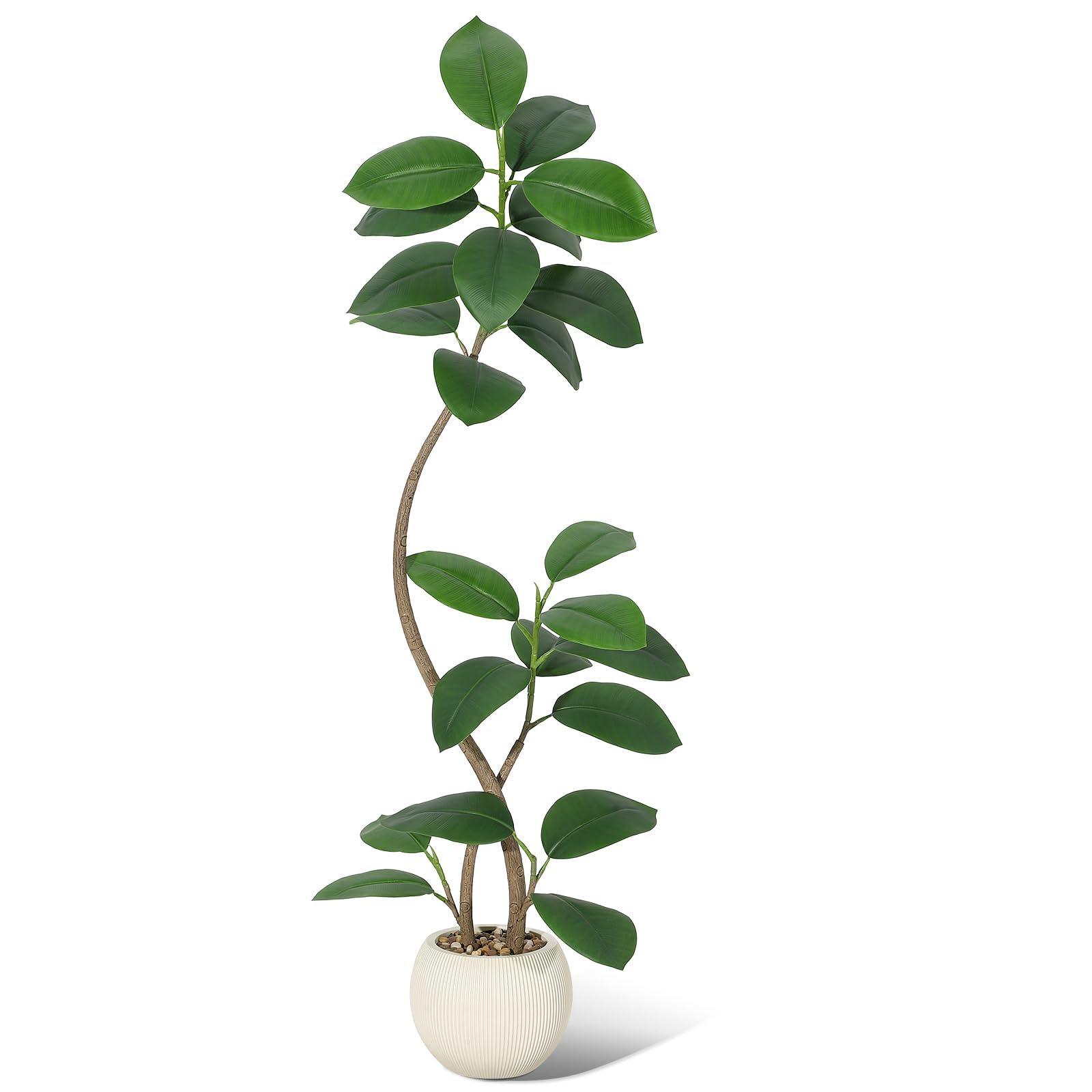 Acekool Real-Touch Künstlicher Gummibaum (Ficus elastica) – Indoor Kunstbaum als Bodenpflanze – 2-stämmig – Resin-Kugel-Topf mit Steinen – Höhe 150 cm, Topf Beige Mine Pot Flower Stone, Größe 150cm