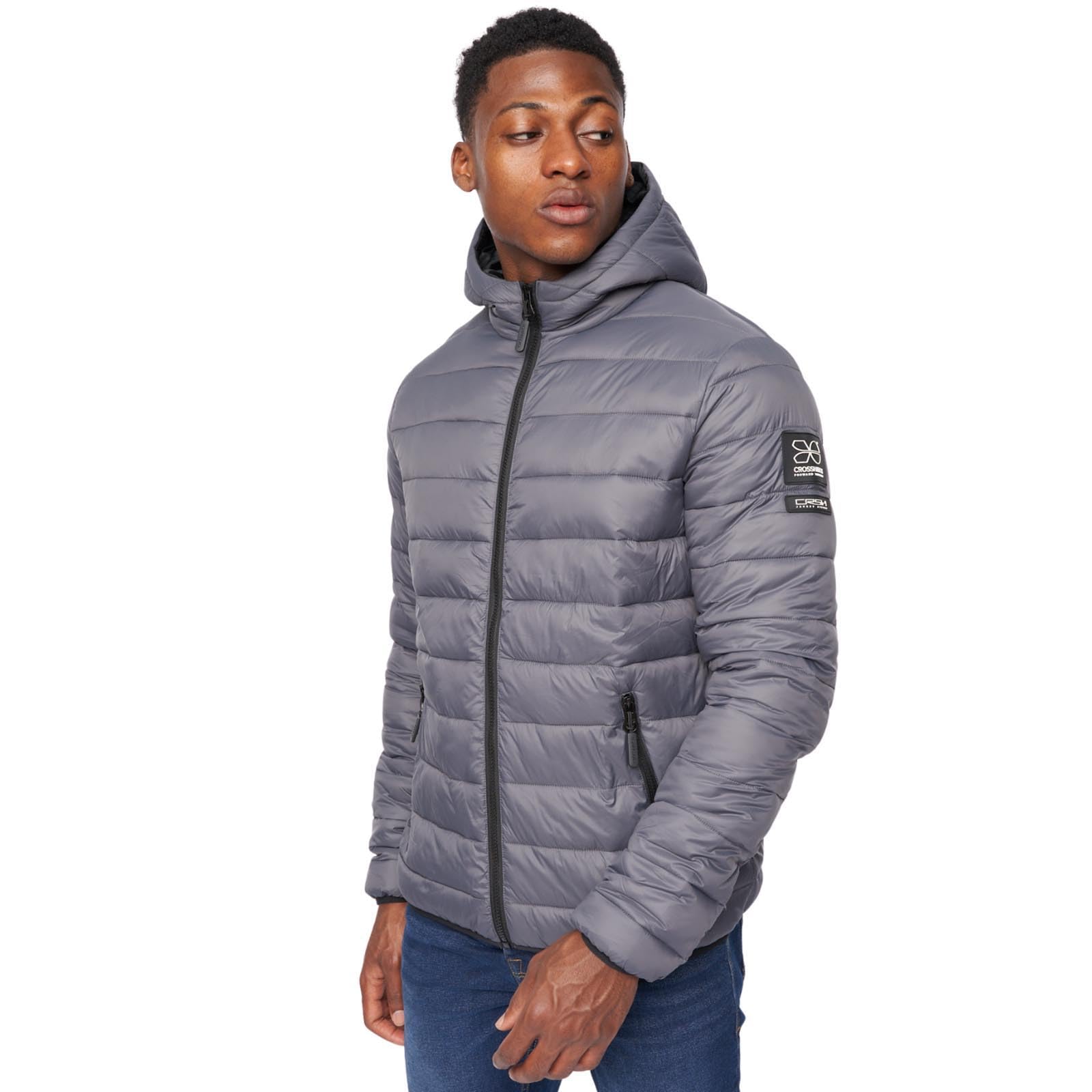 Crosshatch Men's Padded Quilted Puffer Shower Resistant Jacket with Zip Pockets Hood and Pockets Winter Coat by JEANBASE Charcoal M