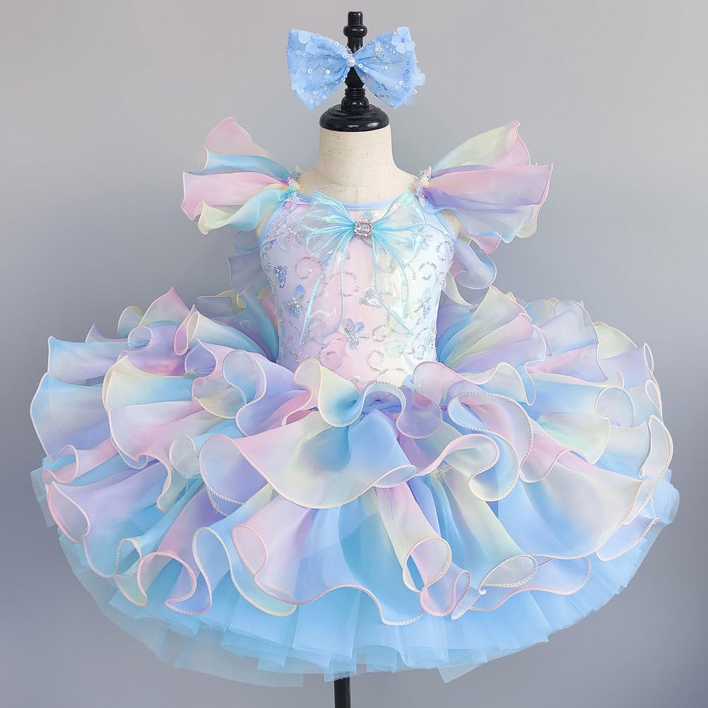 Mädchen Regenbogen-Rüschen Ballettkleid mit Schleifen Stirnband, mehrlagiger Flauschiger Tutu-Rock Tanzkostüm
