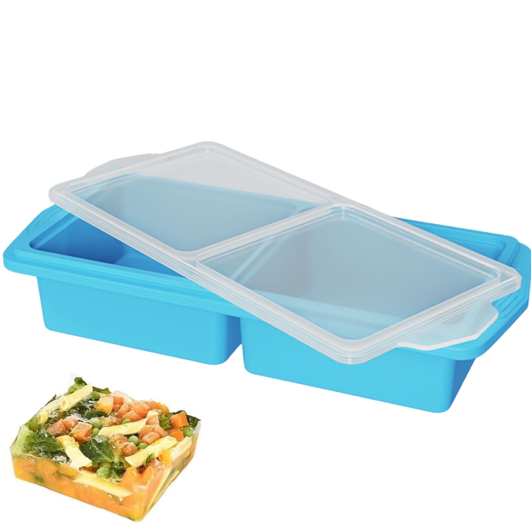 Kopinma Blue Silicone Freezer Tray With Lid, 2 Cup Capacity Silicone Freezer Moulds Tray, Silicone Ffood Storage Trays, Soup Freezer Container, Ice Storage Containers For Soup,Stews,Sauces,Batch