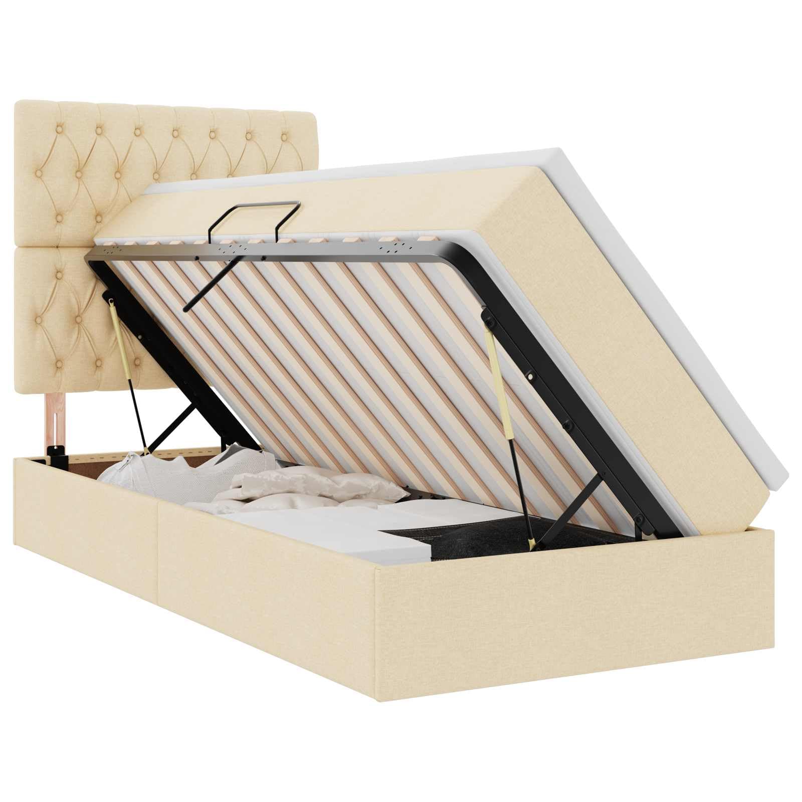 Cama de piel sintética con espacio de almacenamiento, cama elevadora lateral 90 x 190 cm, color crema, poliéster, incluye colchón y mecanismo de elevación hidráulica, altura de la cama de 48,5