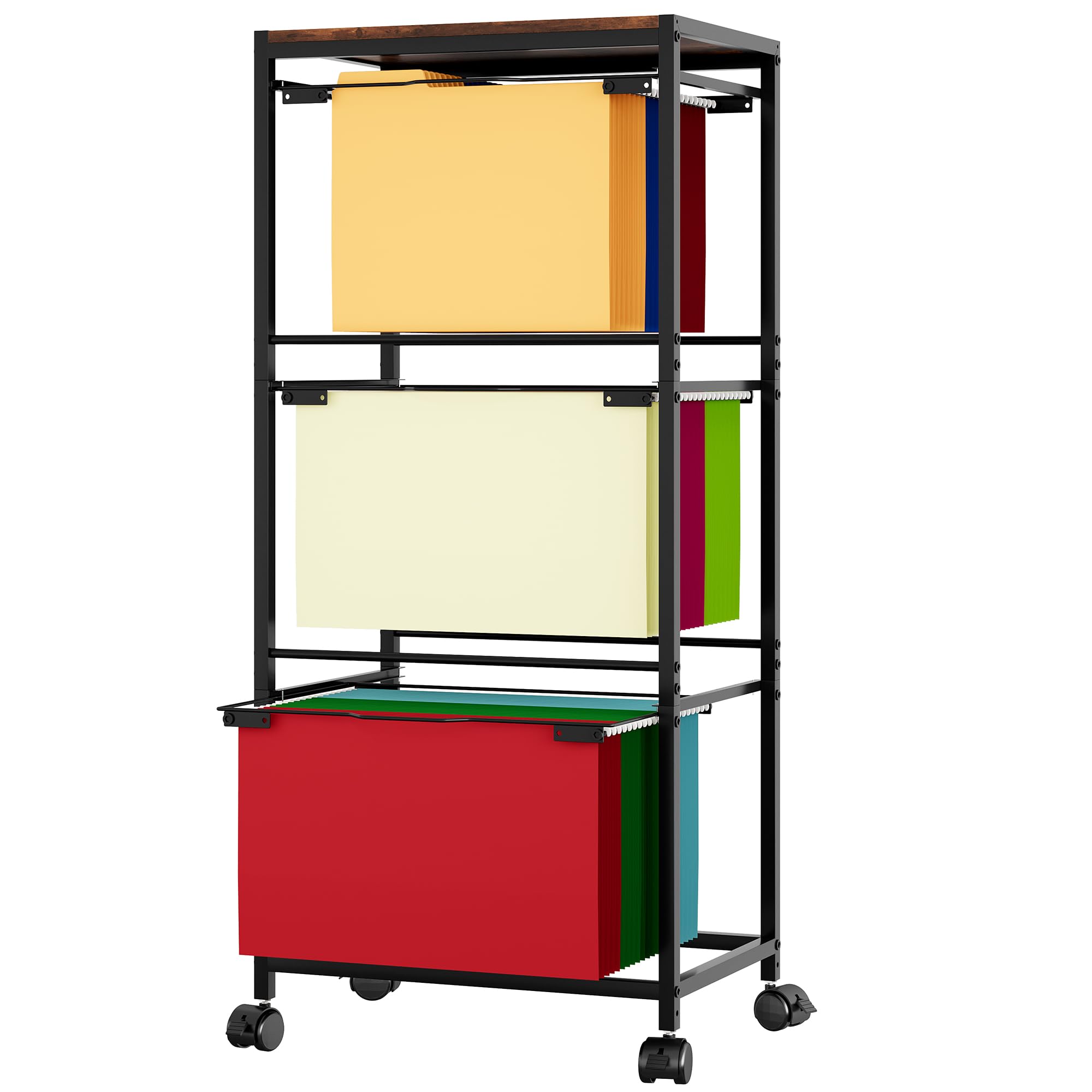 EasyPAG3 Tier Rolling File Cart on Wheels Pull-Out Letter/Legal Size Hanging File Folder Frame for Home Office, Black