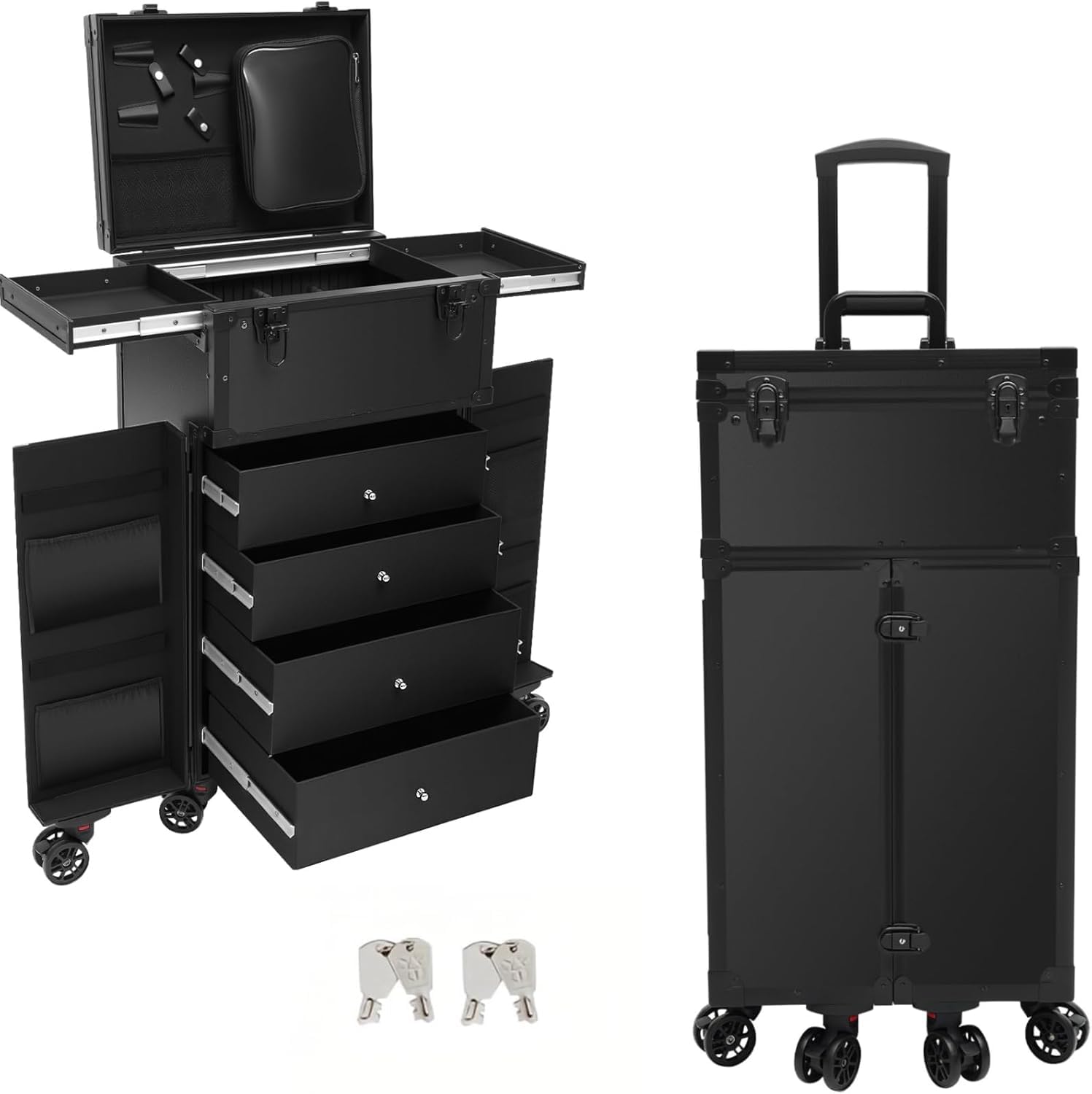 TTeralmon Black Makeup Train Case Professional Rolling Makeup Case 4 Drawers Cosmetology Case on Wheels Hairstylist Traveling Case Portable Make Up