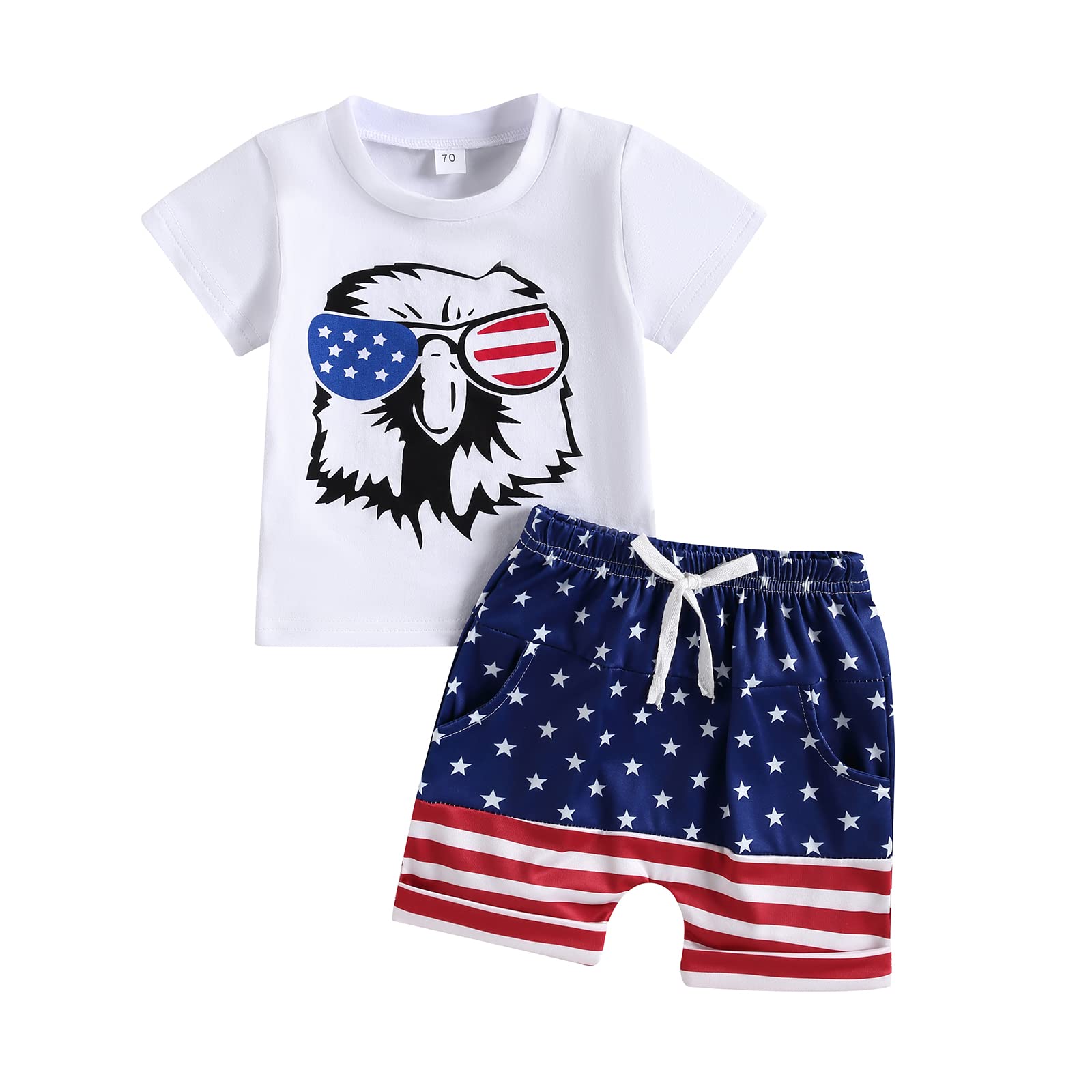 WALLARENEAR Independence Day Outfits Toddler Baby Boy Eagle Print Short Sleeve Top Stars and Stripes Shorts 4th of July Clothes (White, 3-6 Months)